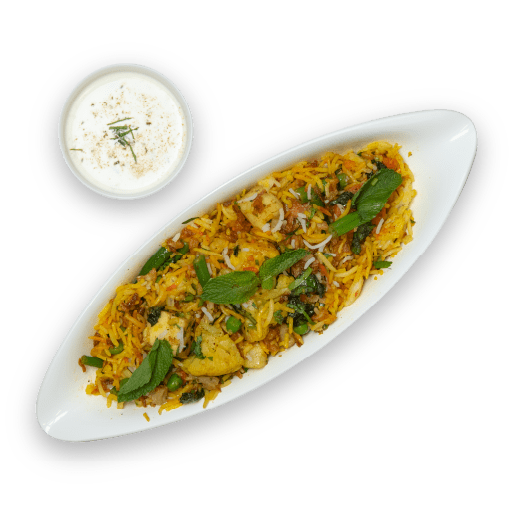 veg biryani in a bowl with raita