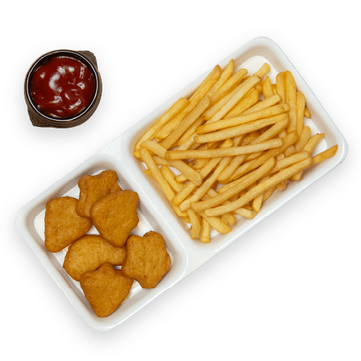 fries, chicken nuggets on a plate with ketchup