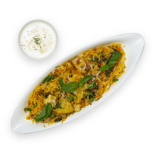 vegetarian biryani in a bowl with raita